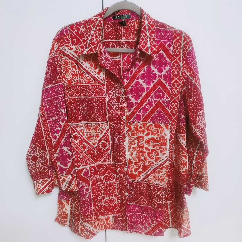 Lauren Ralph Lauren Paisley Print Blouse Top Shirt Cotton 3/4 Sleeve Sz 2XL